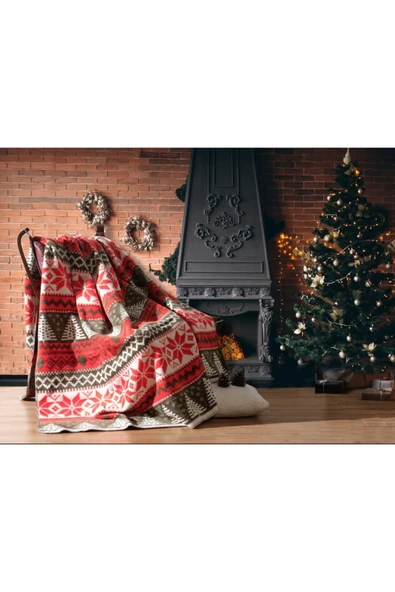 aktarteks Pamuklu Çift Kişilik Battaniye Yılbaşı Geyik , Çam Ağacı Desenli 200x 220 Cm - 2