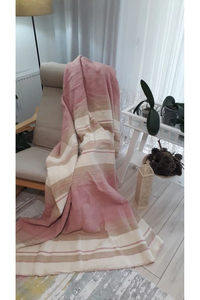 asildükkan 4 Mevsim Pamuklu Batttaniye Çift Kişilik 180*220cm Balkon Tv Battaniyesi Pembe Çizgili ürün görseli