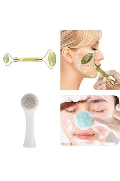2li Set Çift Taraflı Cilt Temizleme Fırçası ve Yeşim Taşı Çift Taraflı Cilt Masaj Aleti