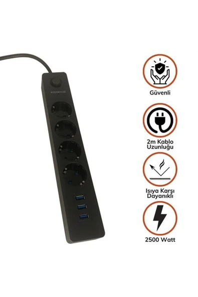 ® Termal Akım Korumalı 4 Priz 3 Usb Girişli Uzatma Kablosu Güç&şarj