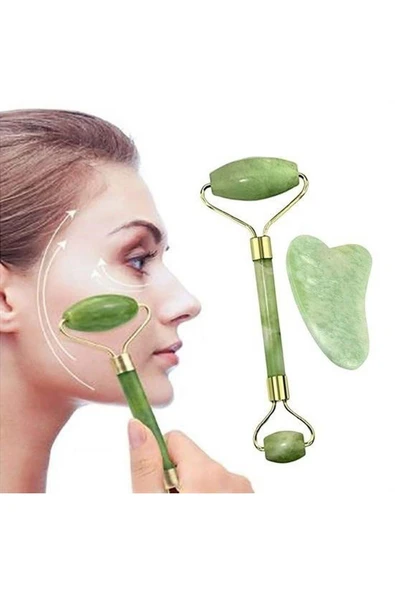 Çift Taraflı 2li Cilt Yüz Masaj Aleti Jade Roller Yeşim Taşı Seti - 2