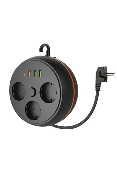 3 Adet Soket,3 Adet USB ve 1 Adet Type-C Girişli Termal Akım Korumalı Makaralı Priz 3395