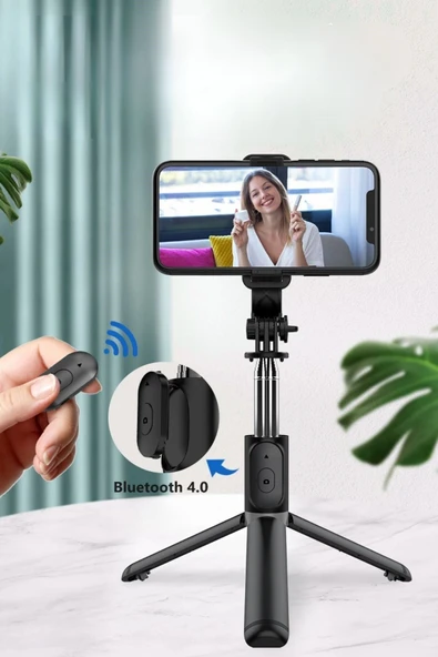 Masaüstü Tripod Olabilen Telefon Tutuculu Kablosuz Kumandalı Selfie Çubuğu