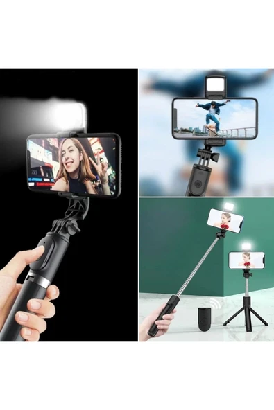 Kendiliğinden Işıklı Masaüstü Tripod Olabilen Telefon Tutuculu Kablosuz Kumandalı Selfie Çubuğu - 2