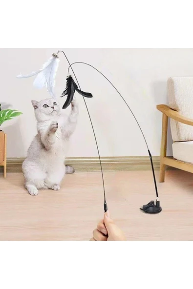Vantuzlu Tüylü Zilli Olta Kedi Oyuncağı 2 Oltalı