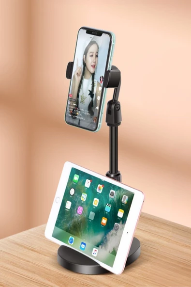 Masa Üstü Tablet ve Telefon Tutucu Plastik Aparat Siyah Telefon Standı