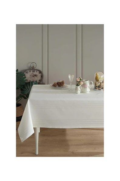 erciyesceyiz Polyester Kumaş Çizgili Masa Örtüsü 160*220 Cm Krem