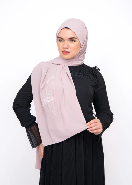 Polyster Pembe şal Filistin Haritası Ve Arapça Kelimesi Beyaz Rengi Nakışlı S100017 - 6