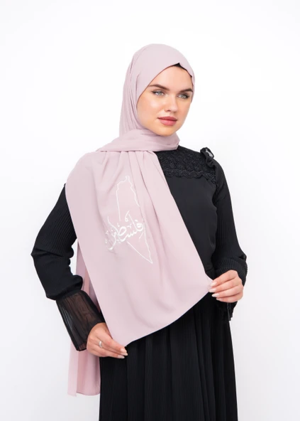 Polyster Pembe şal Filistin Haritası Ve Arapça Kelimesi Beyaz Rengi Nakışlı S100017