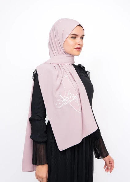 Polyster Pembe şal Filistin Haritası Ve Arapça Kelimesi Beyaz Rengi Nakışlı S100017 - 3