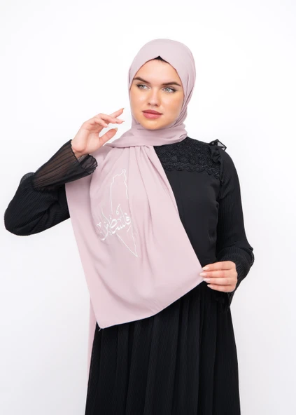 Polyster Pembe şal Filistin Haritası Ve Arapça Kelimesi Beyaz Rengi Nakışlı S100017 - 5
