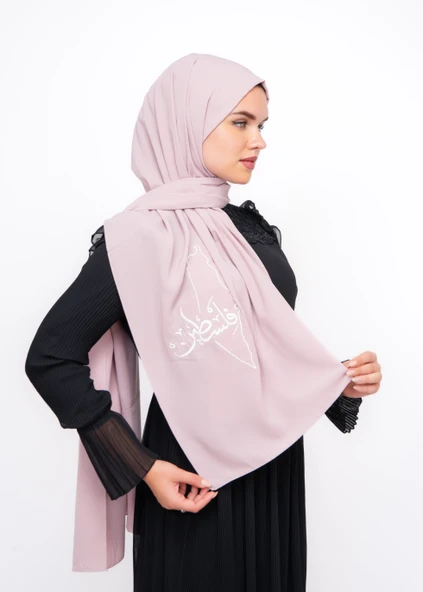 Polyster Pembe şal Filistin Haritası Ve Arapça Kelimesi Beyaz Rengi Nakışlı S100017 - 4
