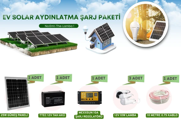 25 Watt Monokristal Panelli Güneş Enerji Seti 2 Ampüllü Solar Aydınlatma Ve Telefon Şarj