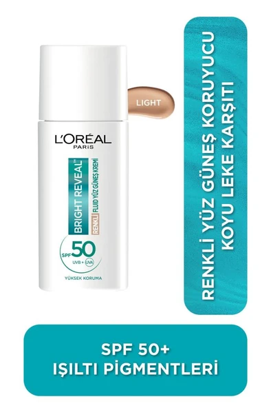L'Oreal Paris Bright Reveal Spf 50+ Koyu Leke Karşıtı Renkli Fluid Günlük Yüz Güneş Kremi 50ml - Light
