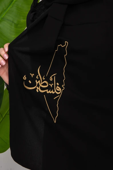 Black polyester shawl with Palestine map embroidery and the word Palestine in Gold S100026 - 7