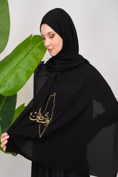Black polyester shawl with Palestine map embroidery and the word Palestine in Gold S100026 - 6