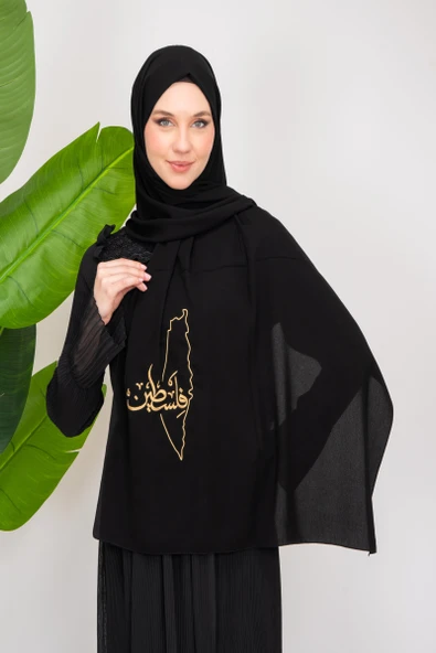 Black polyester shawl with Palestine map embroidery and the word Palestine in Gold S100026