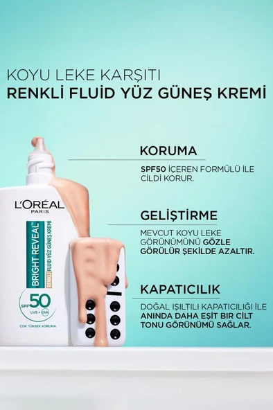L'Oreal Paris Bright Reveal Spf 50+ Koyu Leke Karşıtı Renkli Fluid Günlük Yüz Güneş Kremi 50ml - Light - 5