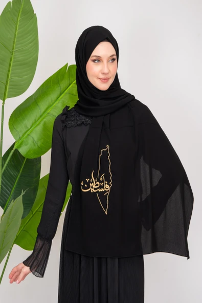 Black polyester shawl with Palestine map embroidery and the word Palestine in Gold S100026 - 3