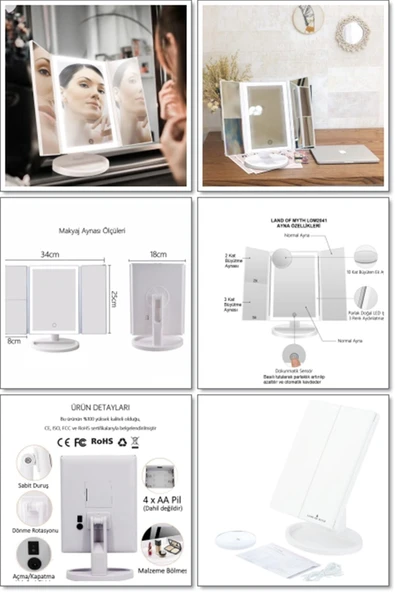 LAND OF MYTH 1X-2X-3X+10X HD ZOOM 37 Şerit LED Işıklı Makyaj Aynası, 3 Panel, Katlanabilir Beyaz - 5