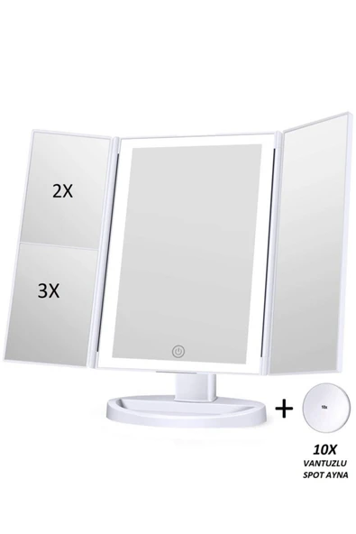 LAND OF MYTH 1X-2X-3X+10X HD ZOOM 37 Şerit LED Işıklı Makyaj Aynası, 3 Panel, Katlanabilir Beyaz - 2