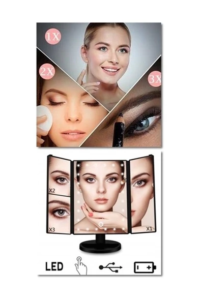 LAND OF MYTH Büyütmeli 24 Led Işıklı Makyaj Aynası, 3 Panel, Katlanabilir, Dokunmatik Sensörlü (siyah) - 6