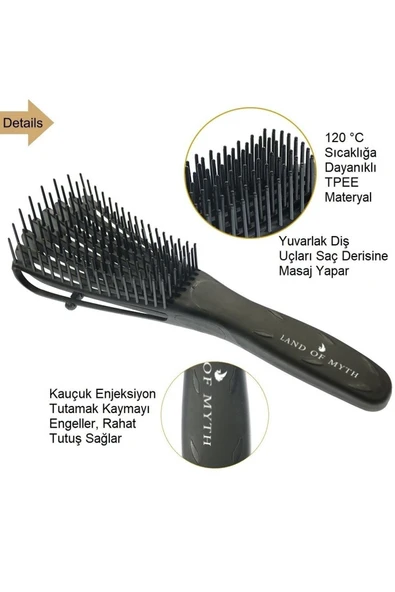 LAND OF MYTH Lom1193 Yeni Nesil Dolaşık Saç Açma Tarama Fırçası Ahtapot Dizayn Esnek Diş Kıvırcık Saç - Siyah - 3