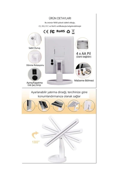 LAND OF MYTH Büyütmeli 24 Led Işıklı Makyaj Aynası, 3 Panel, Katlanabilir, Dokunmatik Sensörlü (siyah) - 7
