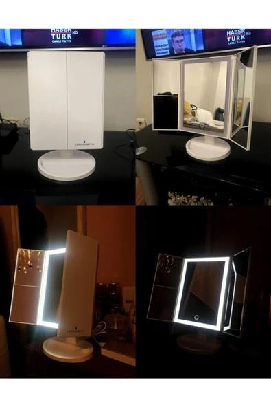 LAND OF MYTH 1X-2X-3X+10X HD ZOOM 37 Şerit LED Işıklı Makyaj Aynası, 3 Panel, Katlanabilir Beyaz - 4