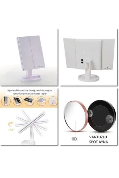 LAND OF MYTH 1X-2X-3X+10X HD ZOOM 37 Şerit LED Işıklı Makyaj Aynası, 3 Panel, Katlanabilir Beyaz - 6