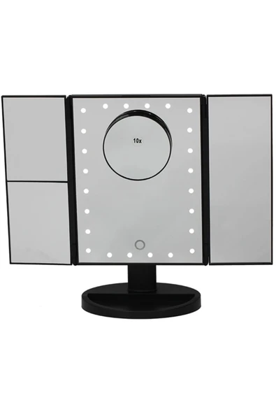 LAND OF MYTH Büyütmeli 24 Led Işıklı Makyaj Aynası, 3 Panel, Katlanabilir, Dokunmatik Sensörlü (siyah)