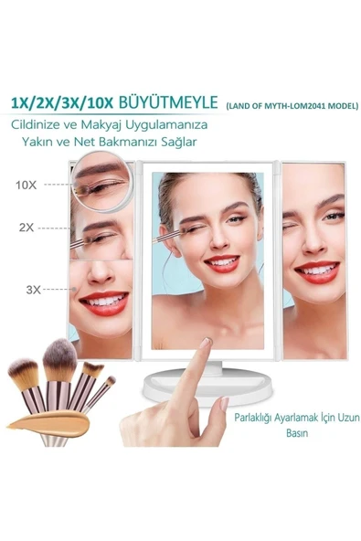 LAND OF MYTH 1X-2X-3X+10X HD ZOOM 37 Şerit LED Işıklı Makyaj Aynası, 3 Panel, Katlanabilir Beyaz - 3