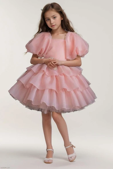 Kız Çocuk Balon Kollu Eteği KatKat Fırfırlı İçi Astarlı Somon Abiye ürün görseli