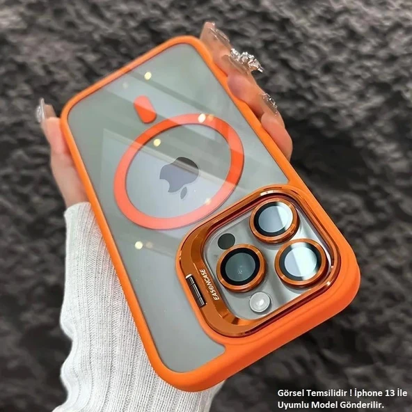 iPhone 13 Uyumlu Kılıf Klon Stantlı + Lens Korumalı MagSafe Kapak - 4
