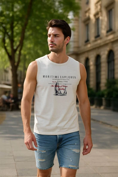 Erkek Bisiklet Yaka Baskılı Açık Mavi Kolsuz T-shirt - 4
