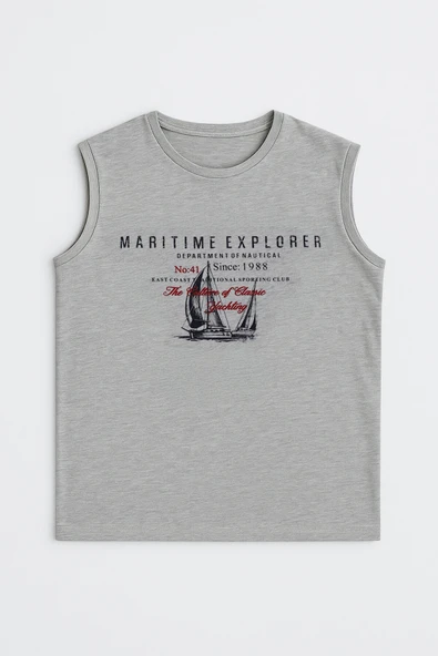 Erkek Bisiklet Yaka Baskılı Açık Mavi Kolsuz T-shirt - 2