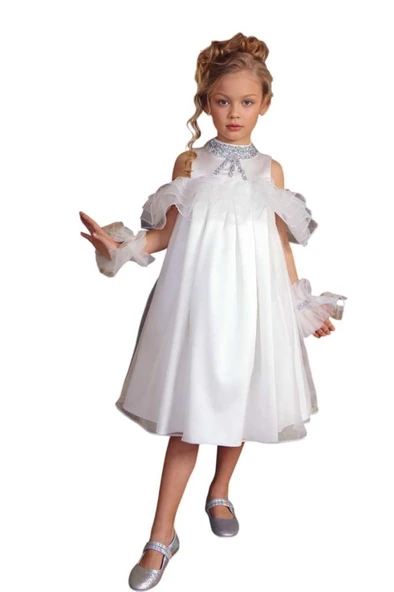 Kız Çocuk Omuzu Açık Yakası Taş İşlemeli Göğsü Fırfırlı İçi Astarlı Beyaz Abiye - Resim 7