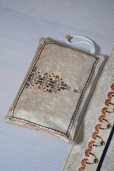 Pratik ve Taşınabilir İpek Dokulu Çantalı Seccade Krem - Resim 4