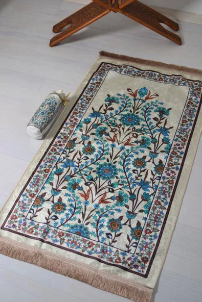 İpek Dokulu Keseli Seccade Çiçek Desenli Çok Renkli ürün görseli 1