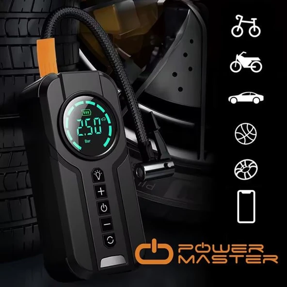 Powermaster Powerbank Araç Akü Şarj Lastik Hava Kompresörü Şişirici Taşınabilir Dijital Kablosuz El Feneri - 4
