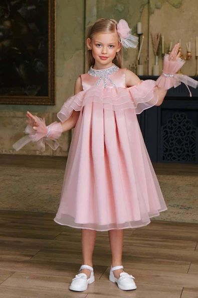 Kız Çocuk Omuzu Açık Yakası Taş İşlemeli Göğsü Fırfırlı İçi Astarlı Somon Abiye - Resim 10