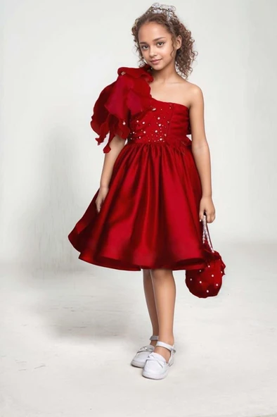 Kız Çocuk Göğsü İnci Taş İşlemeli Tek Omuz Şeffaf Askılı Eteği Kabarık Kırmızı Abiye - Resim 2