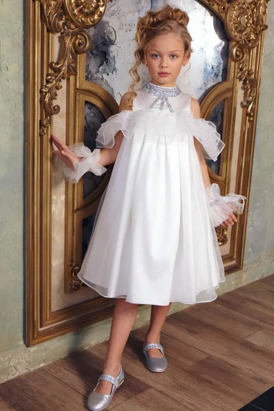 Kız Çocuk Omuzu Açık Yakası Taş İşlemeli Göğsü Fırfırlı İçi Astarlı Beyaz Abiye - Resim 10