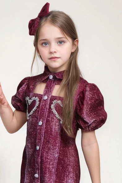 Kız Çocuk Göğsü Yırtmaç Detaylı Elmas Kalp İşlemeli Balon Kollu Bordo Kot Elbise - Resim 7