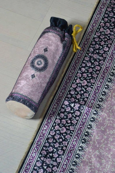 İpek Dokulu Keseli Seccade Mini Çiçek Desenli Lila - Resim 2