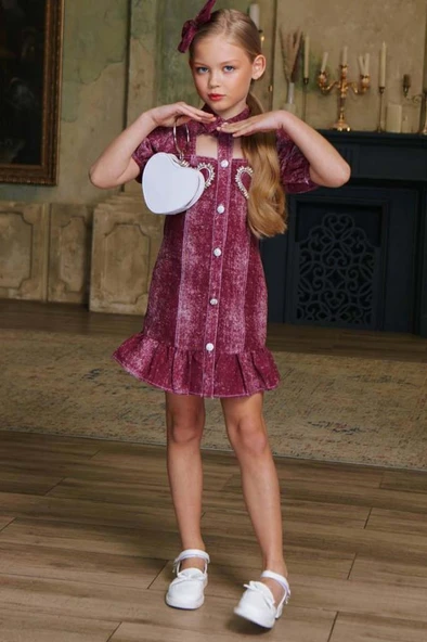 Kız Çocuk Göğsü Yırtmaç Detaylı Elmas Kalp İşlemeli Balon Kollu Bordo Kot Elbise - Resim 2