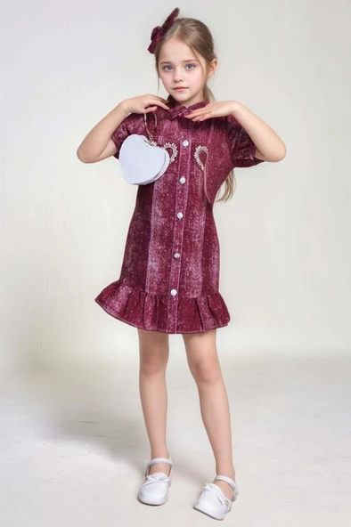 Kız Çocuk Göğsü Yırtmaç Detaylı Elmas Kalp İşlemeli Balon Kollu Bordo Kot Elbise - Resim 6