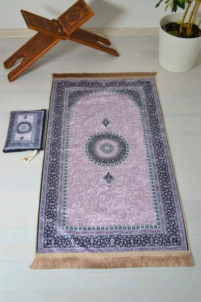 Pratik ve Taşınabilir İpek Dokulu Çantalı Seccade  Mini Çiçek Desenli Lila - Resim 2