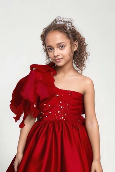 Kız Çocuk Göğsü İnci Taş İşlemeli Tek Omuz Şeffaf Askılı Eteği Kabarık Kırmızı Abiye - Resim 4