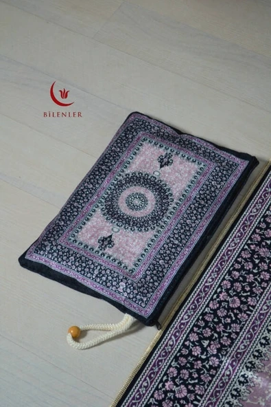 Pratik ve Taşınabilir İpek Dokulu Çantalı Seccade  Mini Çiçek Desenli Lila - 2